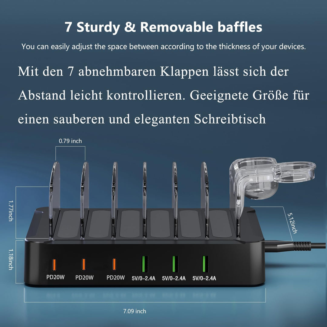 Acocodi USB Ladestation Multi Dock 6 Ports 60W Smart Schnellladedockstation für mehrere Geräte, komp