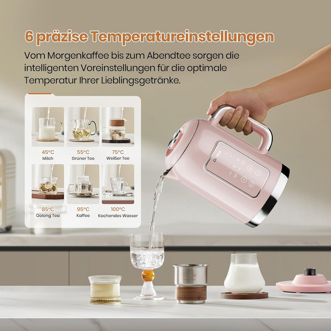 OLEGA Wasserkocher: 1800 W Wasserkocher mit Temperaturregelung, 1,5 l Fassungsvermögen, Edelstahl, S