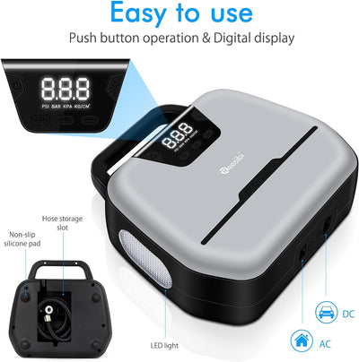 Reesibi Kompressor 12v 230v, Autoreifen Kompressor 230v mit digitaler Anzeige, LED-Arbeitslicht und