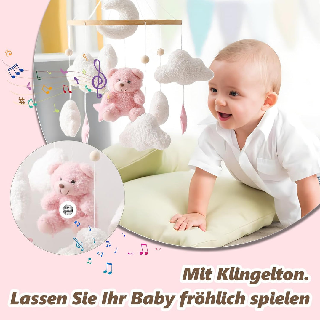Herfair Mobile Baby Bettglocke mit Teddybär Hölz Mädchen Hängende Mobile Windspiel für Babybett Kind