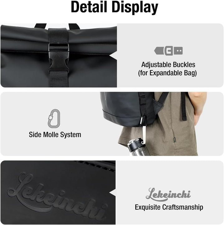 Lekeinchi Rolltop Rucksack Wasserdicht für Damen & Herren, Grosser, mit Computerfach für 17 Zoll Lap