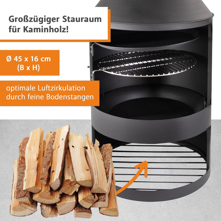 Lemodo Gartenkamin mit Grillrost und Pfanne, Outdoor-Kamin 136cm mit Funkenschutztür, Grillkamin für