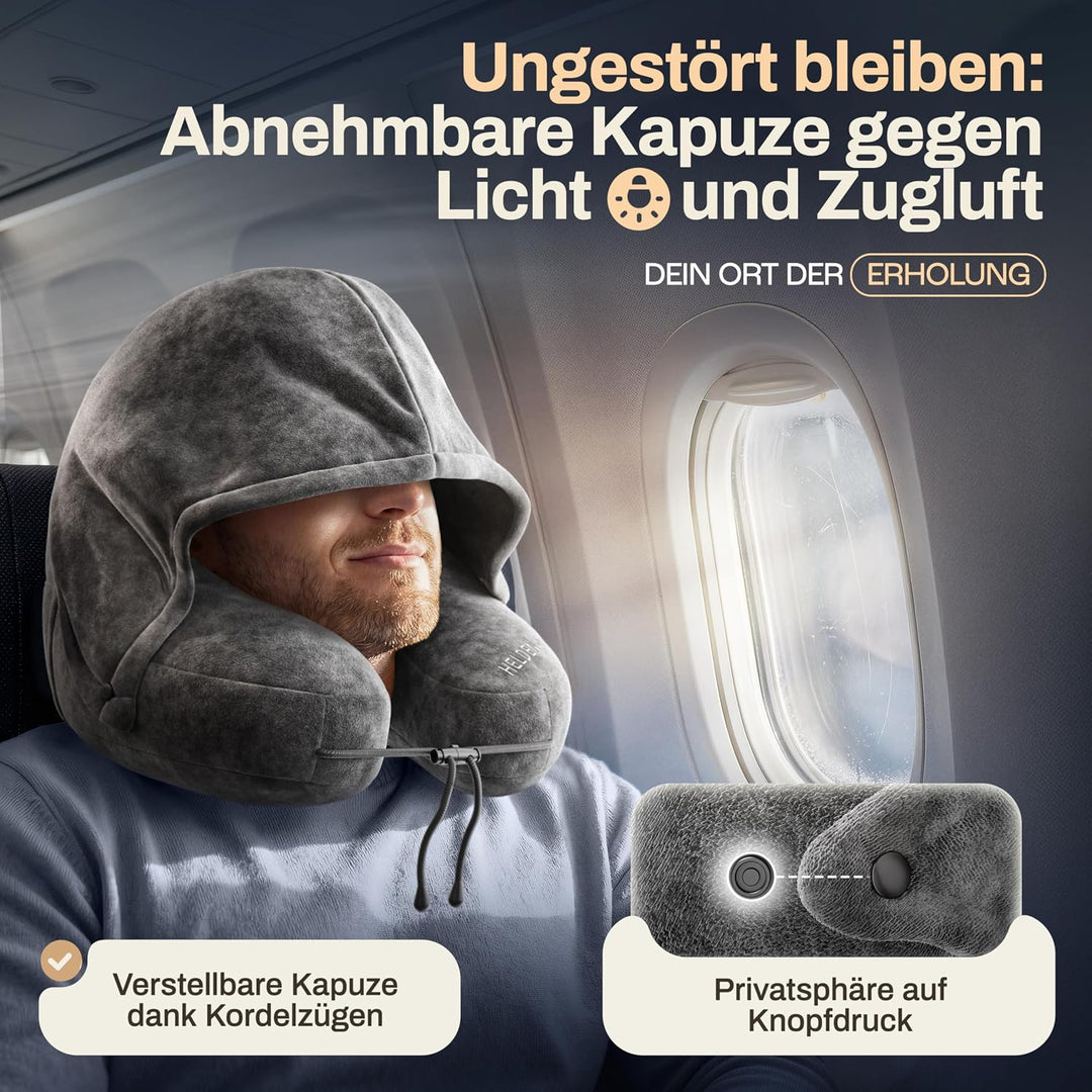 HELDENWERK® Air Nackenkissen Flugzeug Aufblasbar | Reisekissen für 5 Schlafpositionen, schnell aufbl
