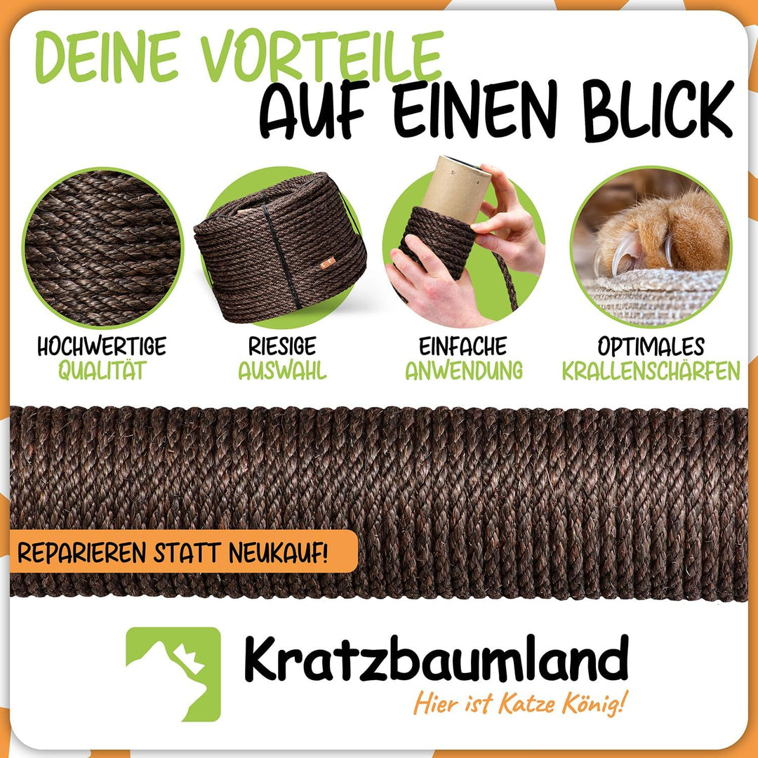 Kratzbaumland Premium-Sisalseil braun 8 mm, braunes Sisalseil für Kratzbäume (versch. Längen) (100 M