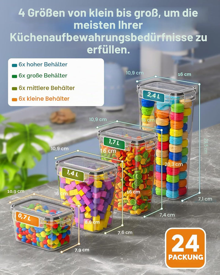 Vorratsdosen mit Deckel Luftdicht, Set mit 24 Luftdichte Vorratsbehälter, Aufbewahrungsboxen mit Dec