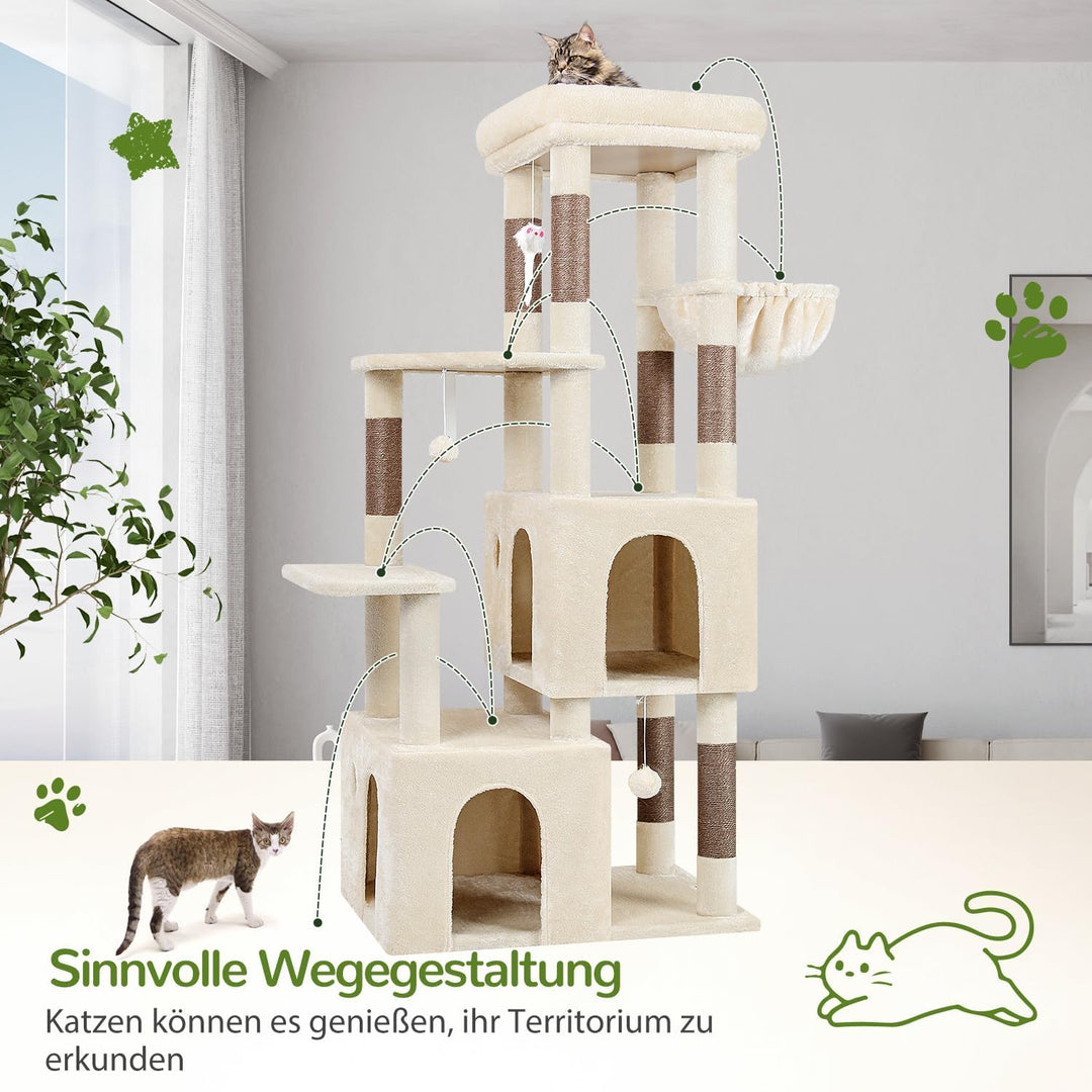 Globlazer Kratzbaum Beige für 3-5 Grosse Katzen 156 cm mit 2 Extragross Katzenhaus 45*40*35CM, Gross