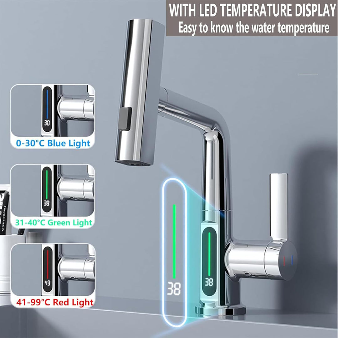 Wasserhahn Bad/Küche mit Ausziehbar Brause, LED Temperaturanzeige Waschtischarmatur Badezimmer mit 3