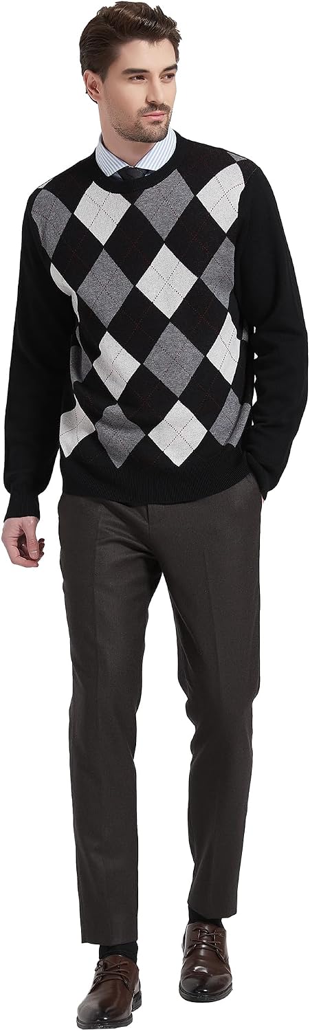 Kallspin Herren Wollmischung Strickpullover Argyle Rundhalsausschnitt Pullover Sweater XXL Schwarz,
