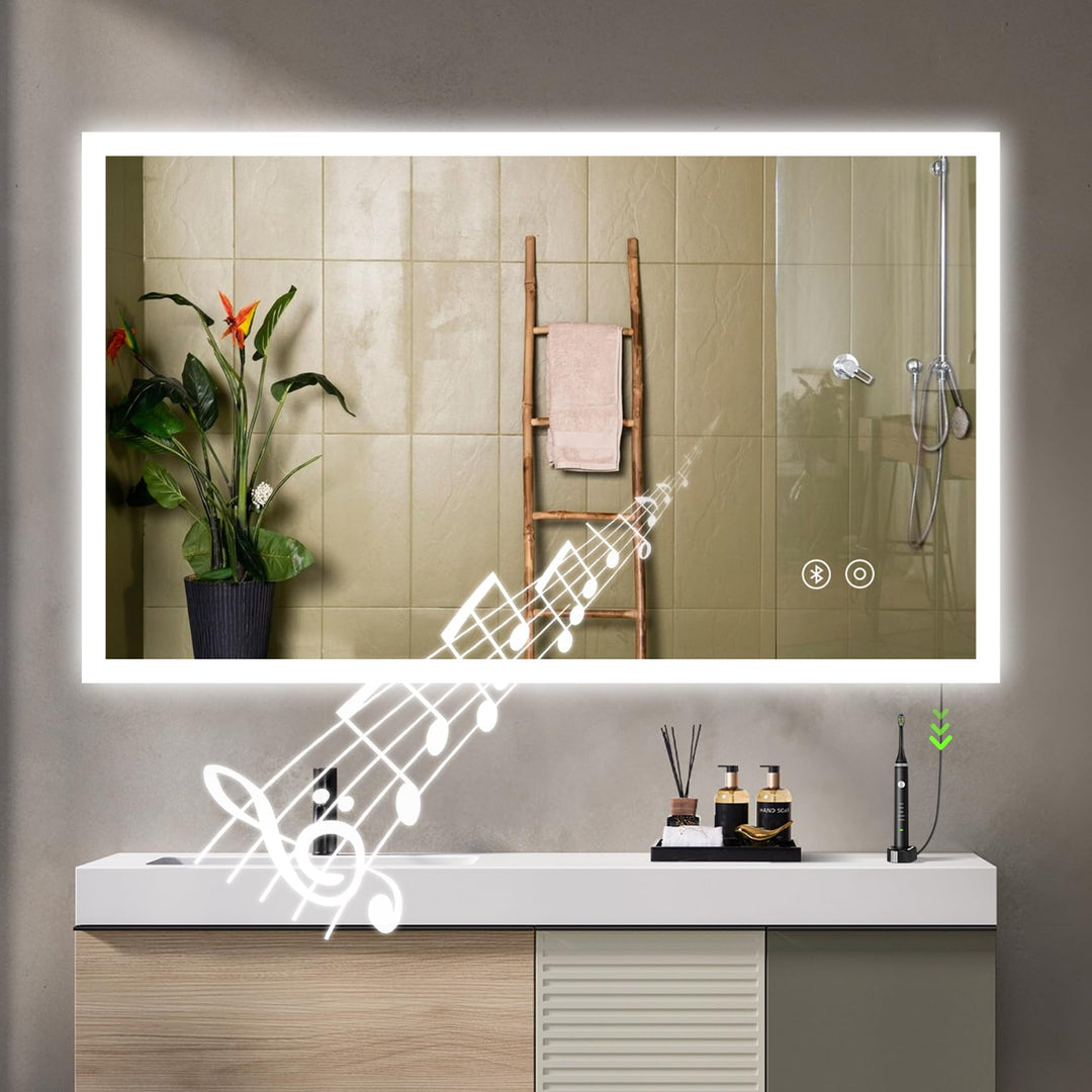 YOLEO Badspiegel mit Beleuchtung, LED Spiegel mit Bluetooth-Lautsprecher, Wandspiegel mit Steckdose,