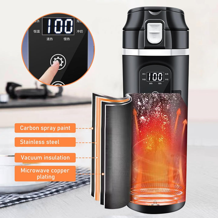 PORFOYO Wasserkocher Für Auto Reisebecher 24V/12V Elektrischer Wasserkocher 500ml Schwarz Edelstahl