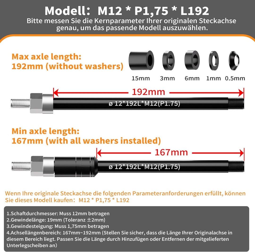 NICEDACK Steckachse M12 x 1,75-167-192 mm mit Adapter für Fahrradanhänger Kupplung, Einstellbare Sch