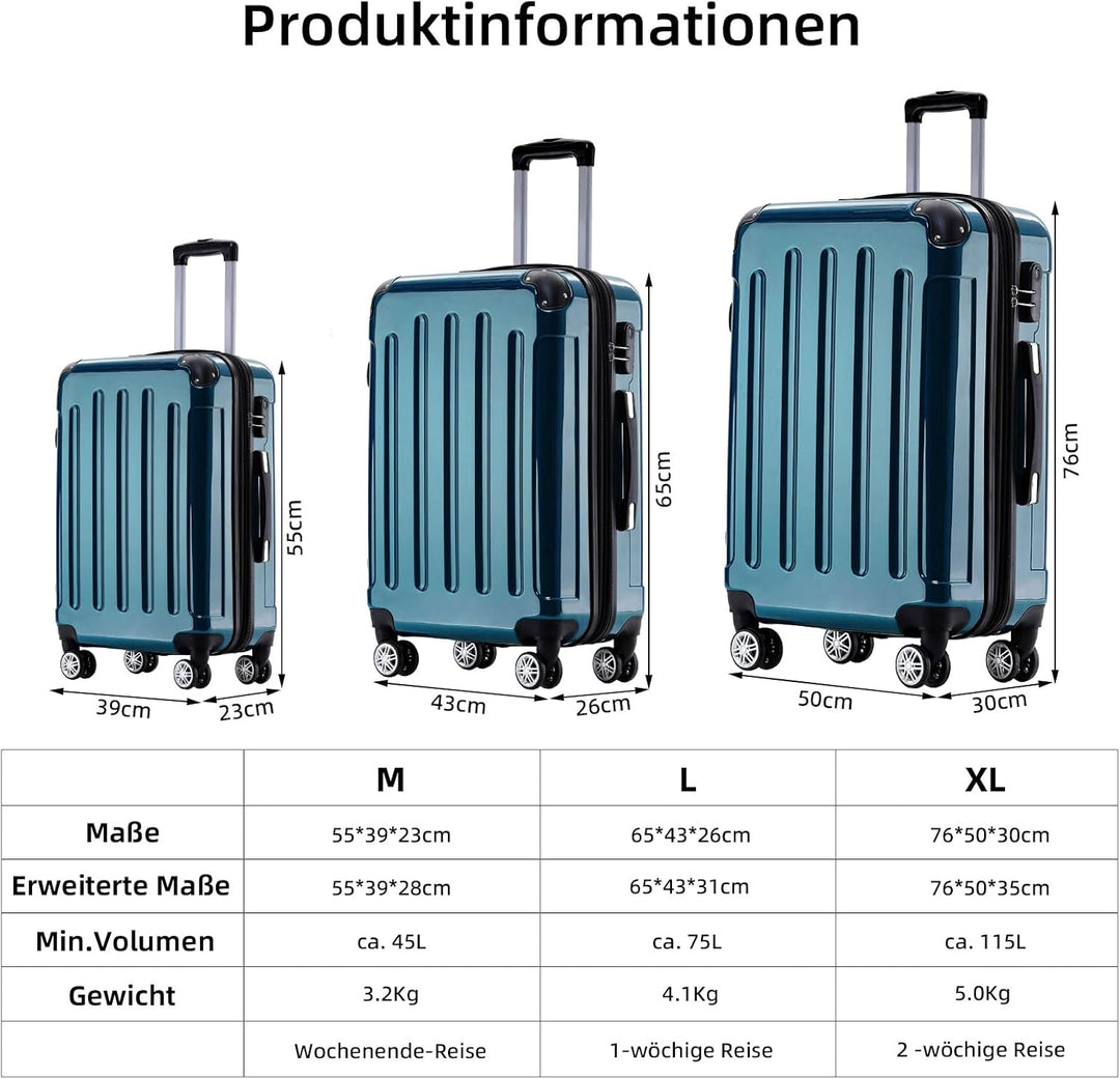 BEIBYE- 3er Kofferset Hartschalen-Koffer Reisekoffer Trolley Rollkoffer Set Reisekofferset (Rosa Gol