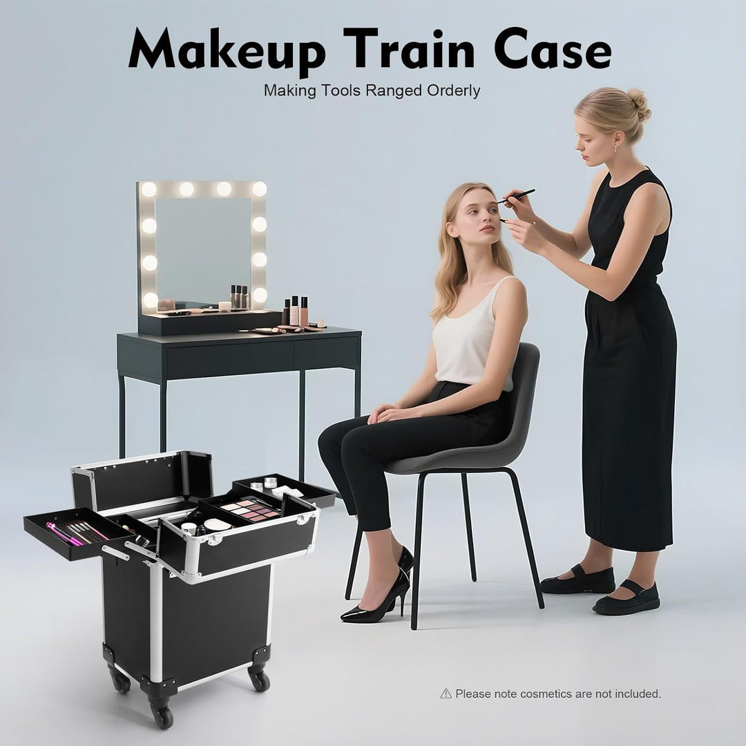 ACROSSPART Kosmetikkoffer Trolley, 3-in-1 Schminkkoffer mit Faltbares Tablett und Rädern, Multifunkt