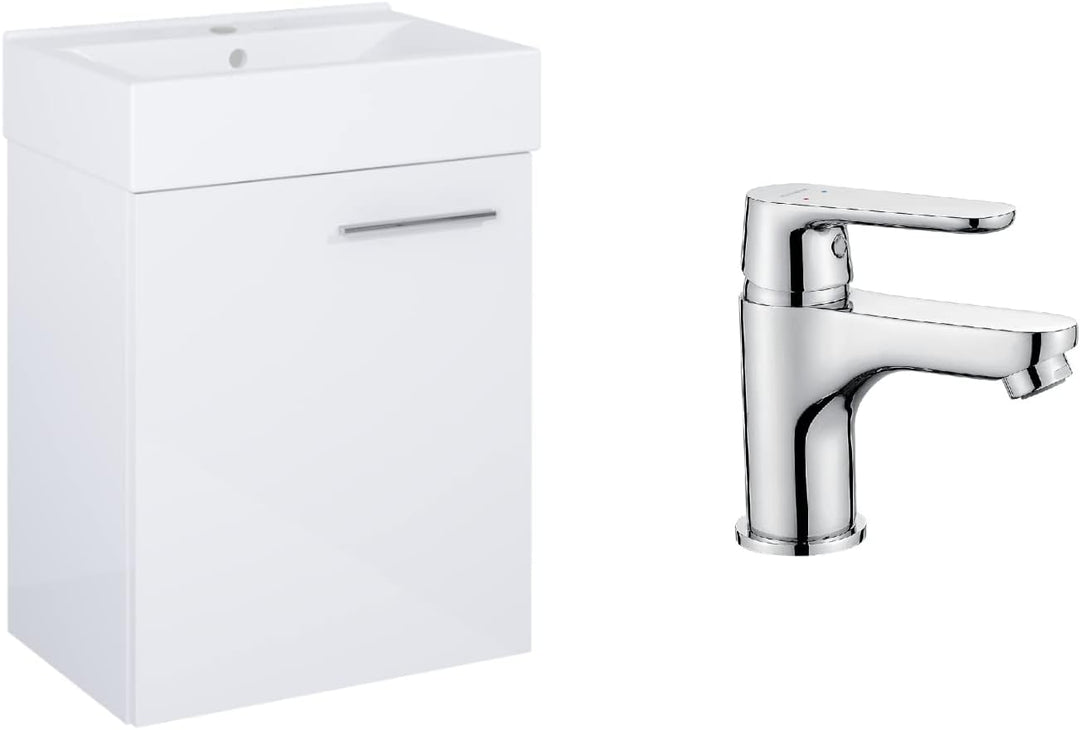 VBChome Badmöbel Set 45 cm Weiss Waschbecken mit Hängeschrank Weiss mit Armantur Chrom Waschtisch 1-