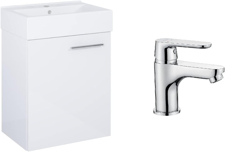 VBChome Badmöbel Set 45 cm Weiss Waschbecken mit Hängeschrank Weiss mit Armantur Chrom Waschtisch 1-
