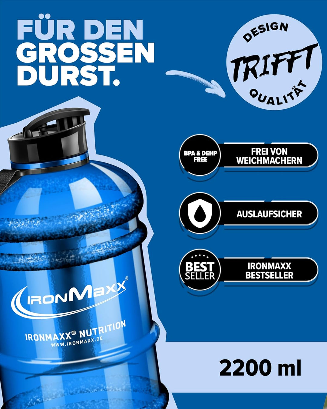 IronMaxx Water Gallon - Blau 2200ml | BPA & DEHP frei | auslaufsichere Trinkflasche mit Messskala |
