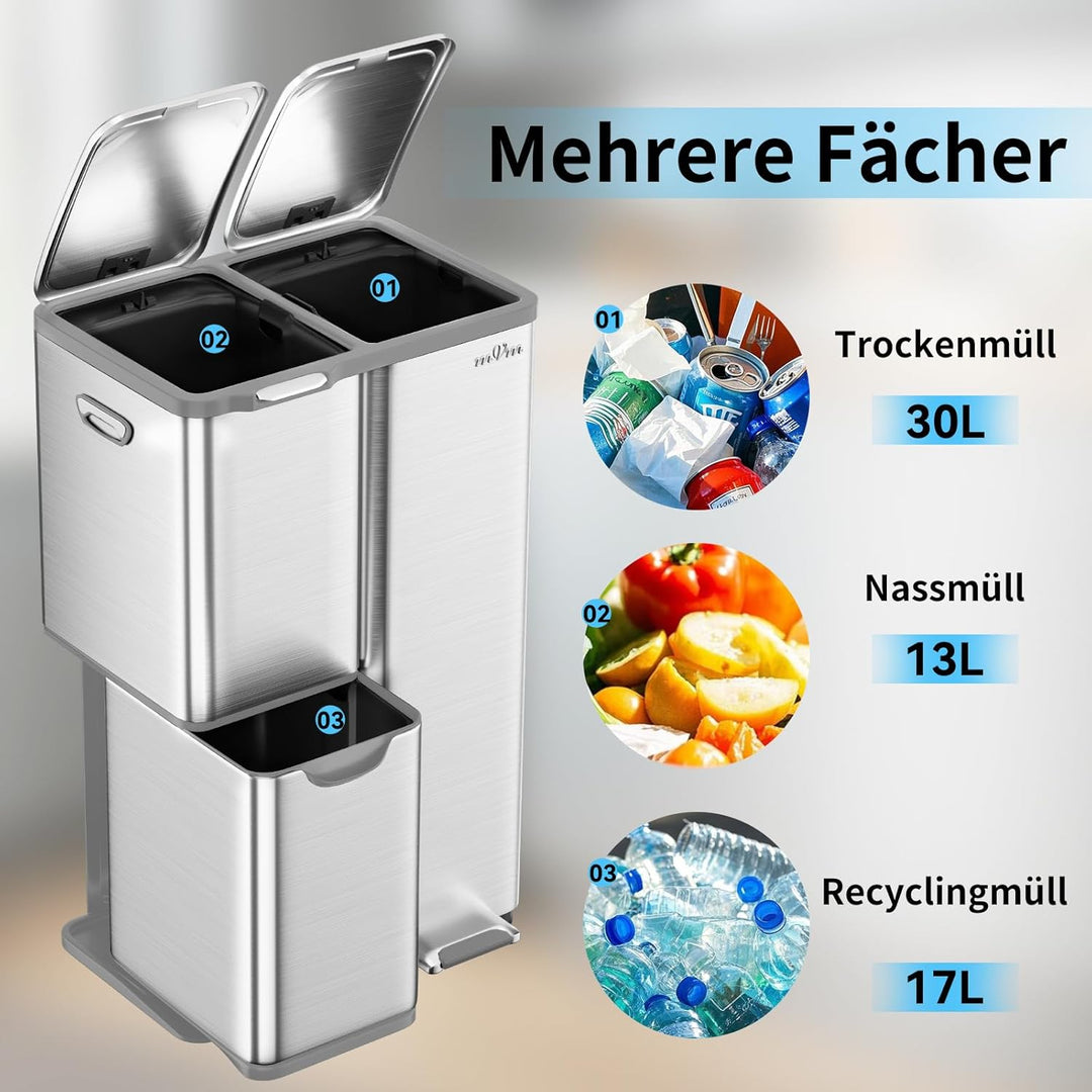 mVm Mülleimer Küche,60 Liter Treteimer,3 Fächer, Mülltrennsystem, Abfalleimer Küche mit Inneneimer a