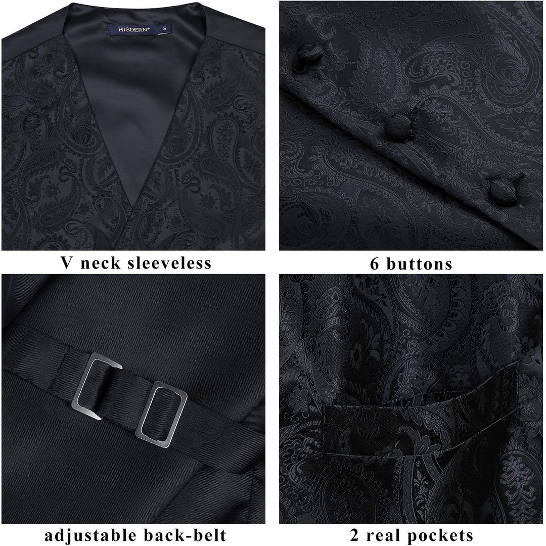 Enlision Herren Paisley Floral Jacquard Weste &amp; Krawatte und Pocket Square Weste Anzug Set M Schwarz