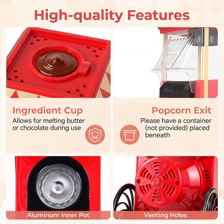 GIANTEX Popcornmaschine Retro, 1200W Popcorn Maker Heissluft ohne Öl, schnelle Zubereitung in 2 Minu