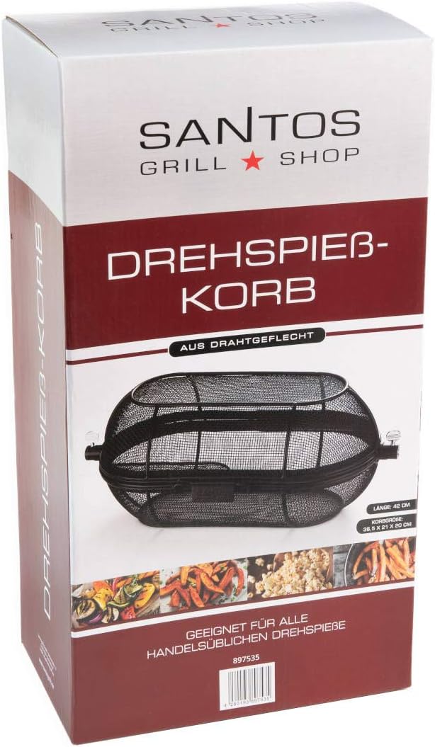 SANTOS Drehspiess-Korb für Drehspiesse (⌀ max 11mm) - Grillkorb Stahl schwarz - Grillzubehör - Fleis