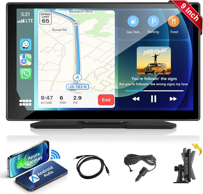 Podofo 9 Zoll Tragbares Autoradio mit Kabelloses Apple Carplay & Android Auto, Drehbarer Ständer 7-3
