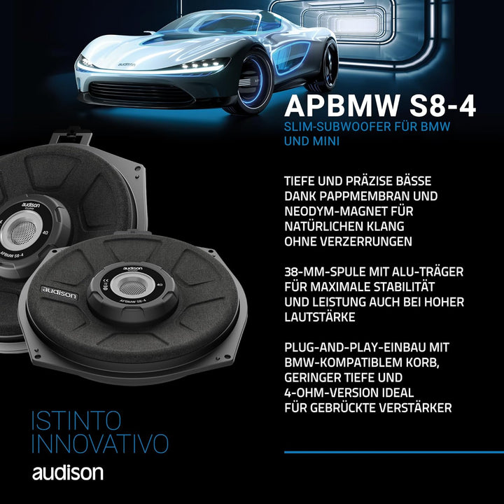 Audison APBMW S8-4.2 – 200-mm Slim-Subwoofer für BMW/MINI, 300W Peak, 4 Ohm, Plug &amp; Play-Untersitzmo