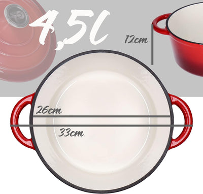 Kochtopf, Kasserole Fleischtopf aus emailliertem Gusseisen mit Deckel 4,5L, Ø26cm Edelstahl-Knauf, f