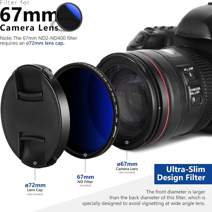 NEEWER 67mm Variabler ND Filter ND2-ND400 (1-9 Stops), Graufilter, Neutraldichtefilter, mehrere Besc