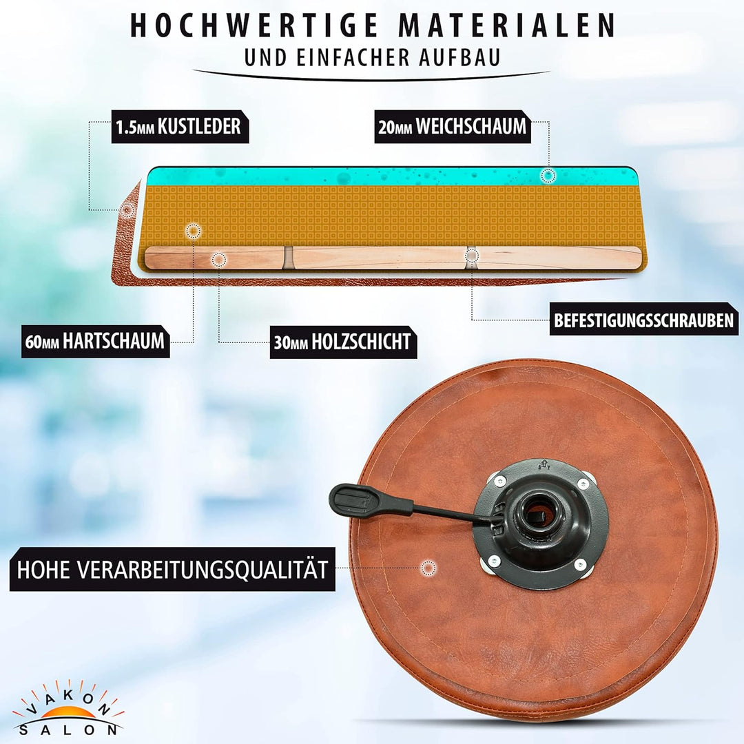 VAKON SALON - Premium Rollhocker Hellbraun höhenverstellbar von 50 bis 65 cm - Rundsitz- Drehhocker