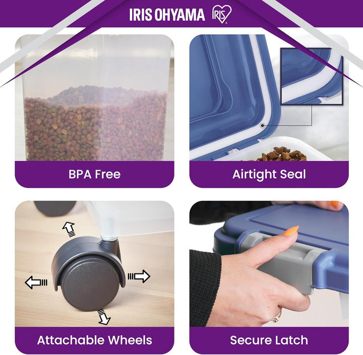 Iris Ohyama Katzenfutter Aufbewahrung mit Rollen, 30L/11kg, Graublau, Luftdichte Futterbox, Trockenf