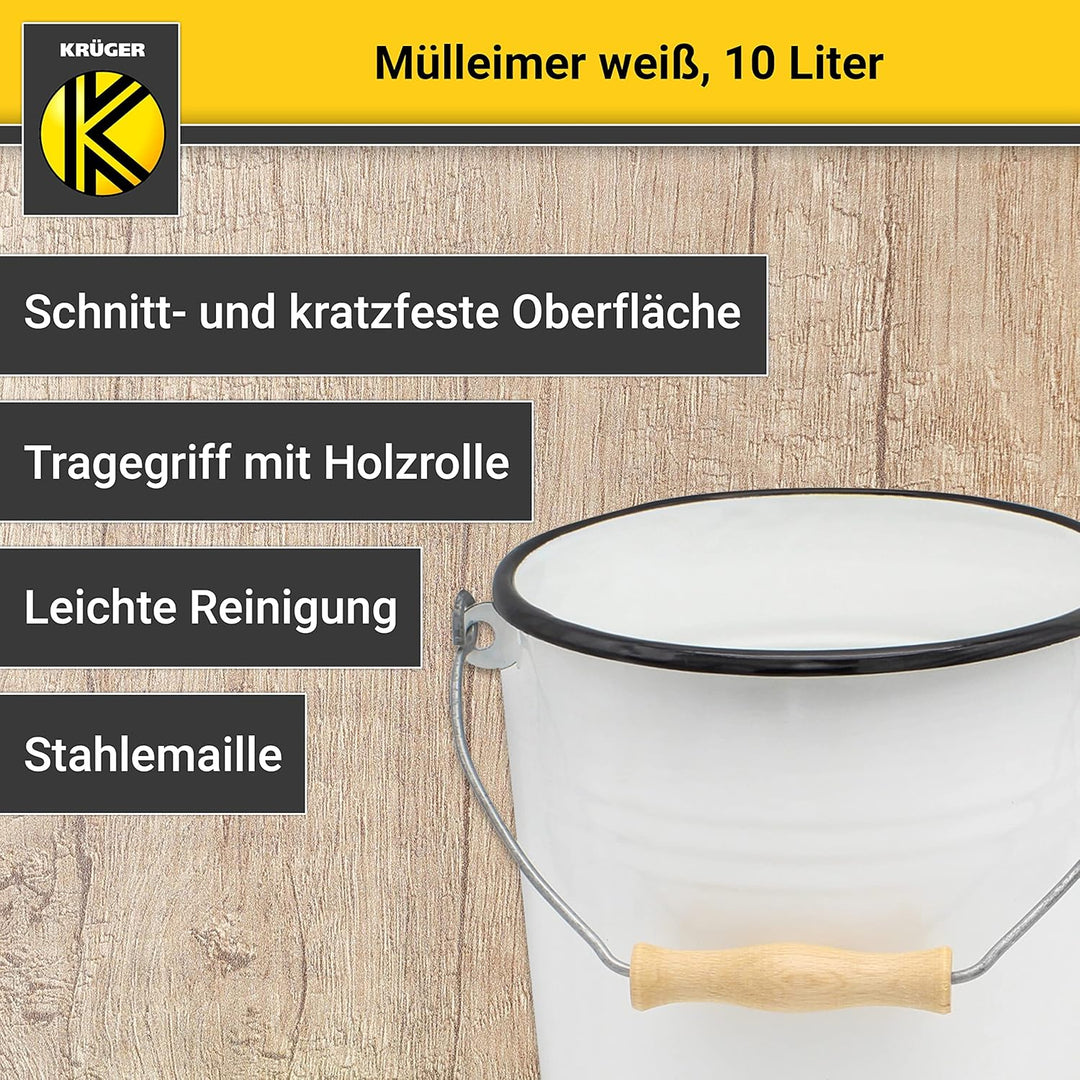 KRÜGER Mülleimer mit Deckel - Stahl Abfalleimer mit Emaille-Beschichtung und Holzgriff - schnitt- un