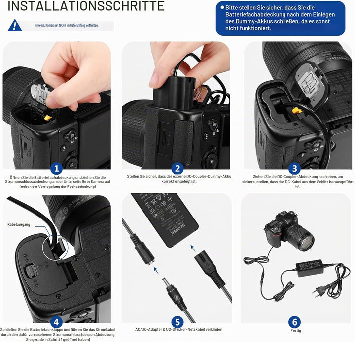 NEEWER Virtueller Batterie mit AC/DC Koppler, ersetzt die Stromversorgung des EP~5B/EN~EL15, kompati