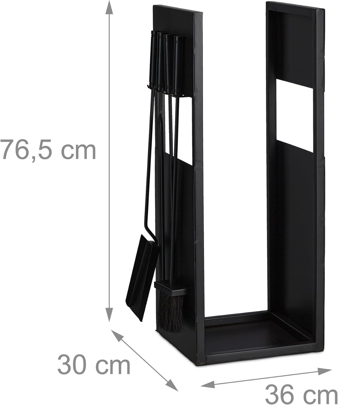 Relaxdays, schwarz Kaminholzregal mit Besteck, Metall, HBT: 76,5x36x30 cm, Brennholzregal innen, Hol