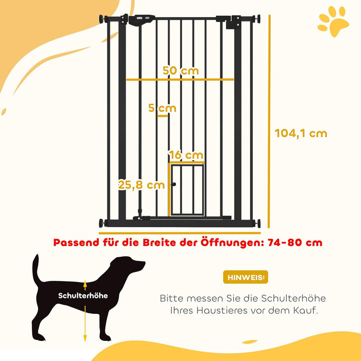 PawHut Treppenschutzgitter Türschutzgitter Ohne Bohren 74-80cm Kinderschutzgitter mit Katzenklappe A