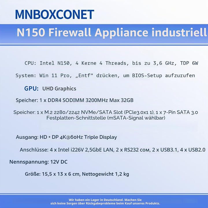 Lüfterlos Mini PC N150 Firewall Appliance Industrial Micro Büro, 4 x 2.5Gbit LAN + 2 RS232 Com, 8GB