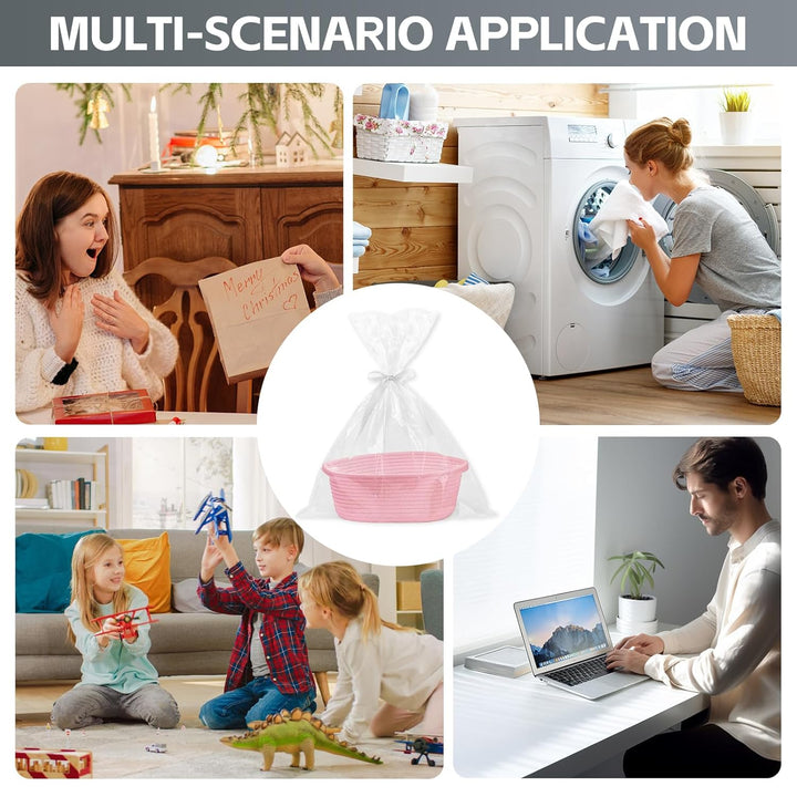 Geschenkkorb, Präsentkorb Leer, Geflochten Korb mit 3 Transparenten Geschenktü Und 3 Farbband für Ha