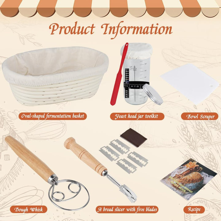 Sauerteig Starter Set, Oval GärkörbchenSet, Brotbacken Startver Set, Gärkorb Brot mit Brotbackzubehö