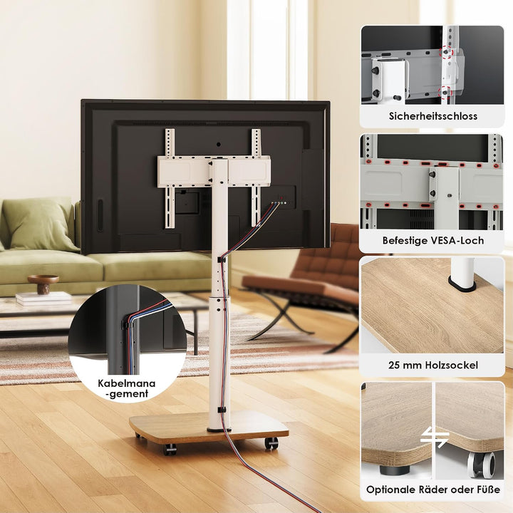AOKCOS TV Ständer Rollbar mit Holzablage, Fernsehständer auf Rollen für 32-65 Zoll Fernseher, TV Bod