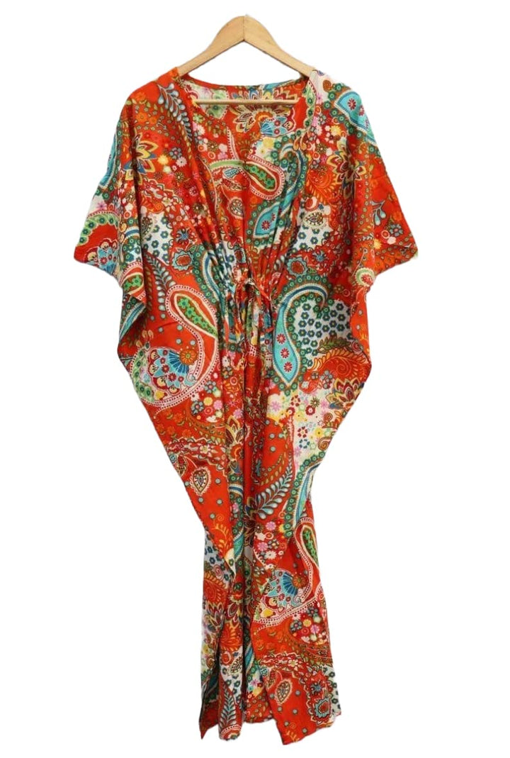 INDACORIFIE Damen-Kaftan mit Paisley-Print, 100% Baumwolle, Leichter Sommer-Kaftan, Strandkleid, lan