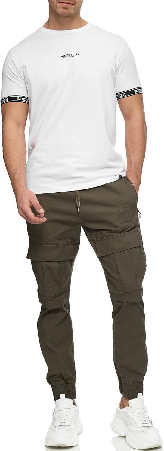 Indicode Herren Dennis Cargohose aus 98% Baumwolle mit 6 Taschen | Cargo Hose für Männer, Army