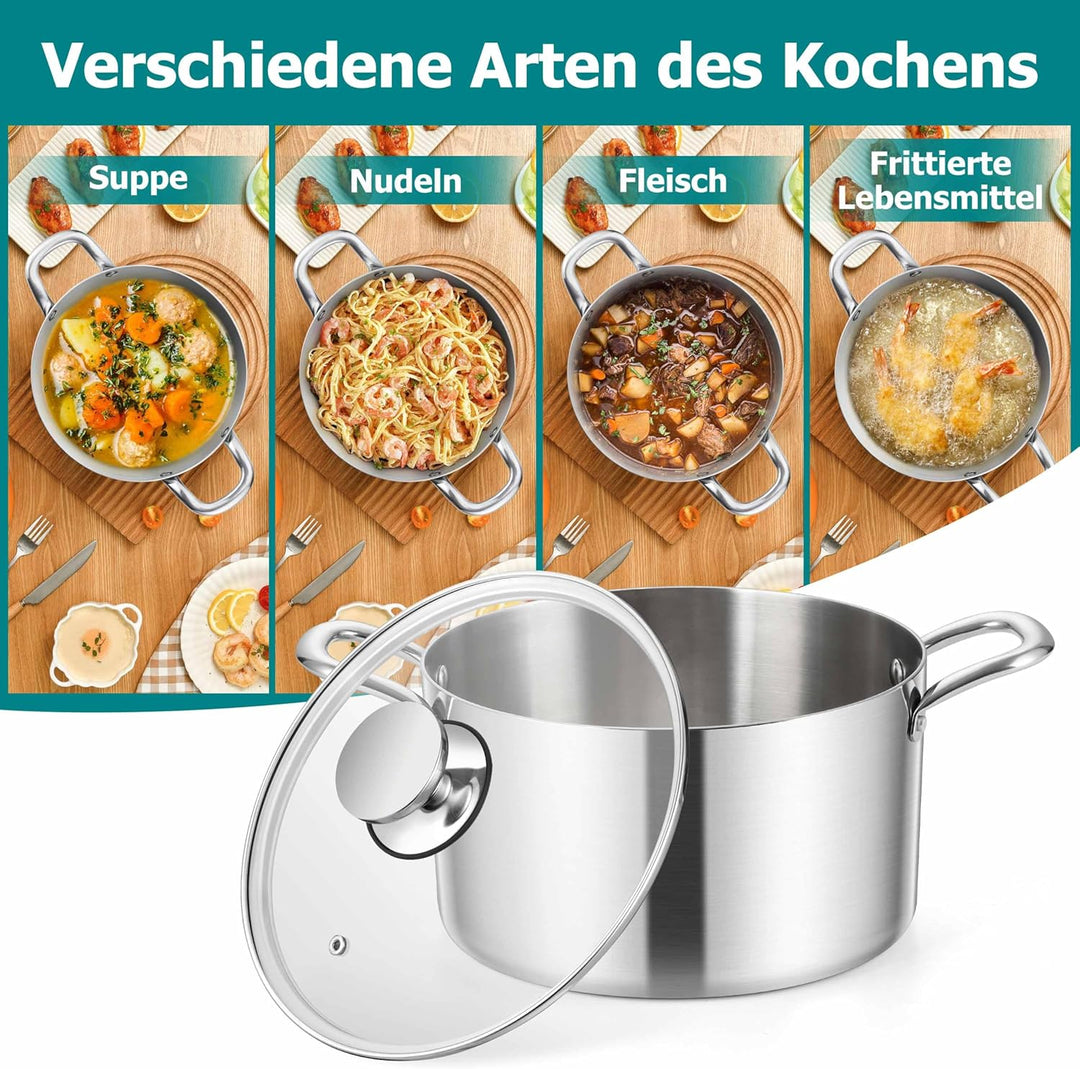 Homikit 20cm Kochtopf, 3-Lagen Edelstahl Suppentopf Induktion mit Glasdeckel, 3,3L Nudeltopf Fleisch