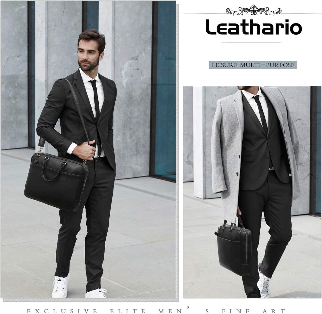 Leathario Herren-Aktentasche aus Leder Schwarz, Schwarz