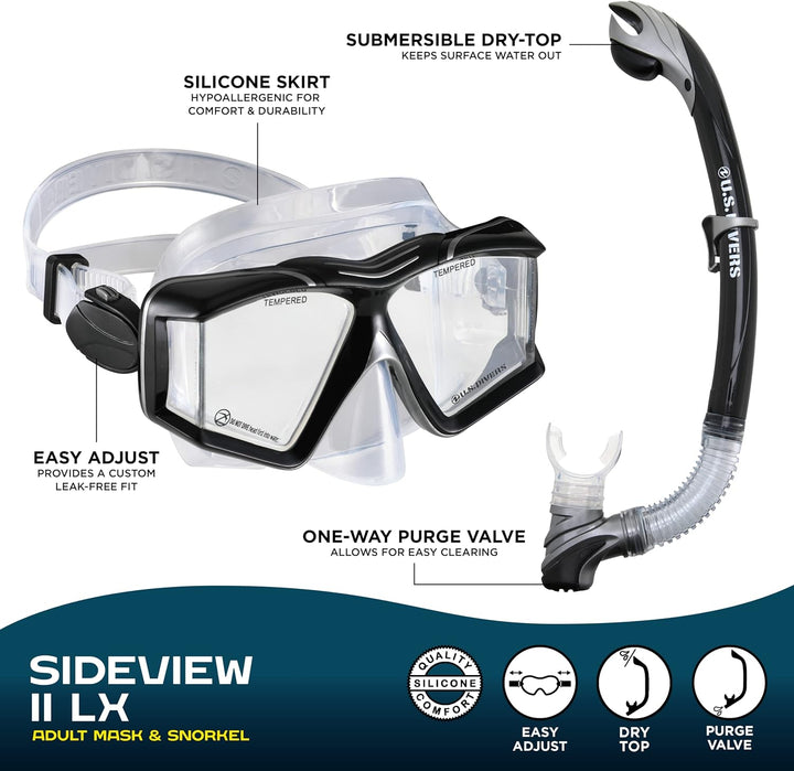 US.Divers Combo Sideview | Erwachsenes Tauchset, Maske und Schnorchel mit 180° Panoramasicht, UV-Sch