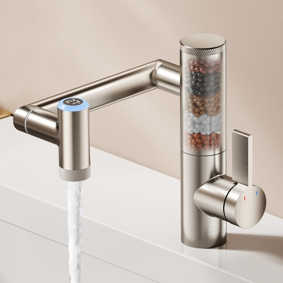 KAIYING 1080° Drehbare Wasserhahn Bad mit Filter &amp; Temperaturanzeige Gebürstetes Nickel LK2915D mit