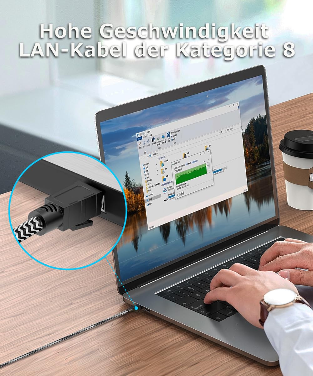 Cat 8 LAN Kabel 15m, Nylon Geflochtenes Netzwerkkabel, 40 Gbit/s 2000 MHz Hochgeschwindigkeits-Ether