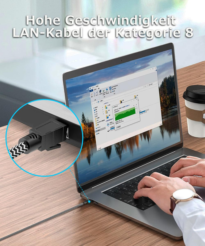 Cat 8 LAN Kabel 15m, Nylon Geflochtenes Netzwerkkabel, 40 Gbit/s 2000 MHz Hochgeschwindigkeits-Ether