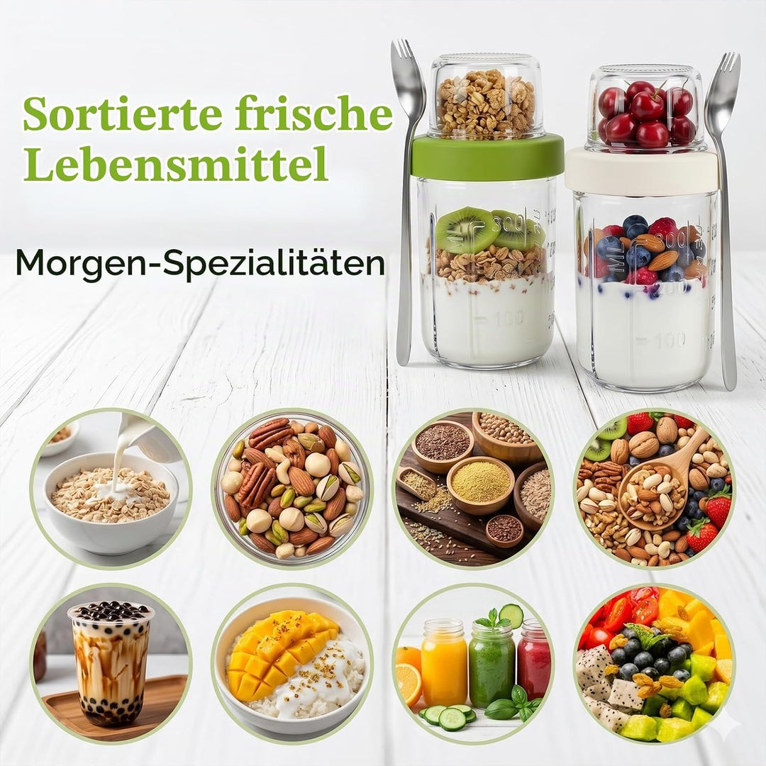 4er Set Müslibecher To Go, 621ml Joghurtbecher To Go mit Löffel, 16 oz+5 oz Overnight Oats Gläser, 2