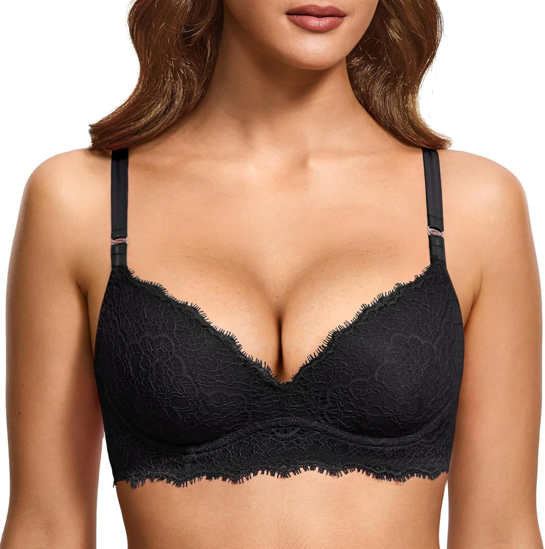 DOBREVA Damen Push Up BH ohne Bügel Soft Spitze Bügelloser BHS Sexy Bequem Gepolstert 70D Schwarz, 7