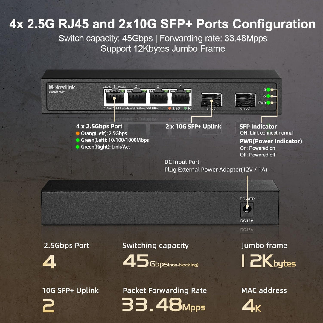 MokerLink 4 Port 2.5G Ethernet Switch mit 2 Port 10G SFP+ Slot, 4 x 2.5G Base-T Ports kompatibel mit