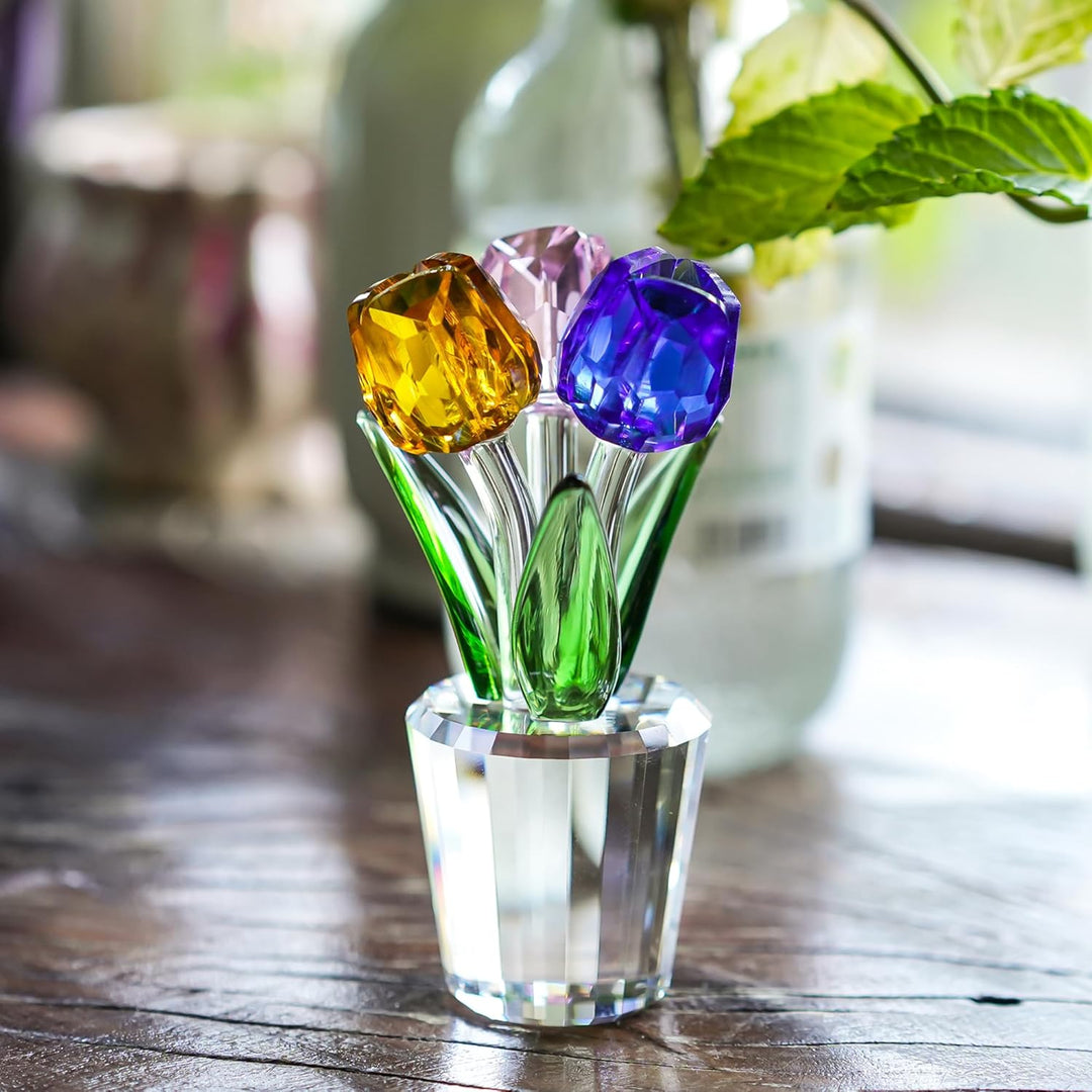 H&D HYALINE & DORA Bunte Kristall Tulpen Figur Sammlerstück, Glasblumenstrauss Briefbeschwerer, Gesc